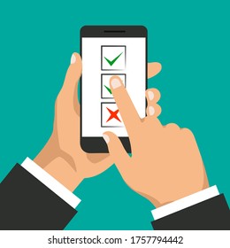 To Do List Concept. Hand Holds Smartphone And Finger Touch Display. Check Box On A Phone Screen. Businessman Accept Button And Click On It. Vector Illustration.