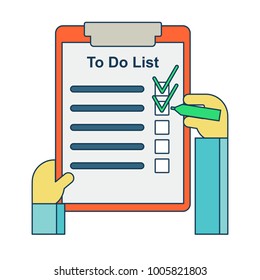To do list concept. Hands of businessman mark fulfillment of tasks. Daily routine and planning, time management flat vector cartoon illustration. Objects isolated on background.
