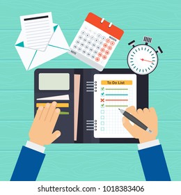 To do list concept. Hands of businessman mark fulfillment of tasks. Daily routine and planning, time management flat vector cartoon illustration. Objects isolated on background.