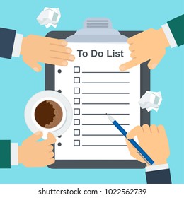 To do list concept. Hands of businessman mark fulfillment of tasks. Daily routine and planning, time management flat vector cartoon illustration. Objects isolated on background.