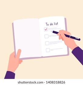 To Do List Concept. Hands On Table Writing Memo Checklist. Complete Business Plan Vector Concept