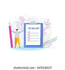 To do list concept. Tiny man with a huge pencil near the to-do list. Daily routine and planning, time management flat vector cartoon illustration. Objects isolated on background.