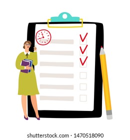 To do list concept. Undone checklist. Deadline, poor time management vector illustration. Checklist deadline, woman task check