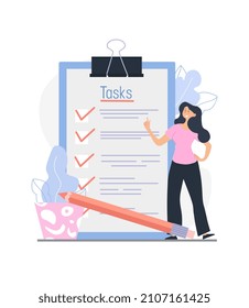 To do list concept. Young female employee stands next to large list of tasks and pencil and points to completed items. Working time planning or personal efficiency. Cartoon flat vector illustration