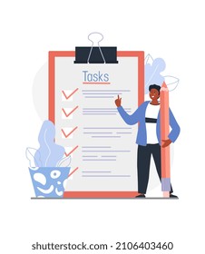 To do list concept. Young smiling man with pencil in his hands stands next to large completed list of tasks. Time management and personal effectiveness. Cartoon modern flat vector illustration