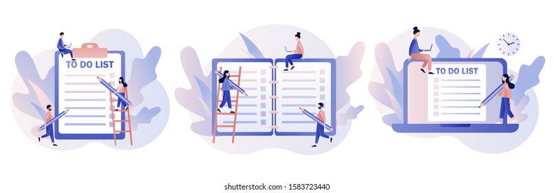 To Do List consept. Tiny people planning year, month, week. Notes online, diary, checklist, organizers and notebook pages. Modern flat cartoon style. Vector illustration on white background