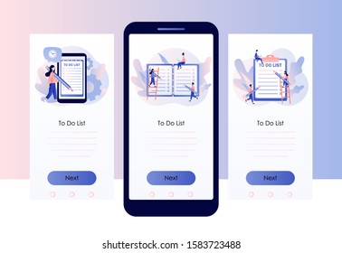 To Do List consept. Tiny people planning year, month, week. Notes online, diary, checklist, organizers and notebook pages. Screen template for mobile smart phone. Modern flat cartoon style. Vector