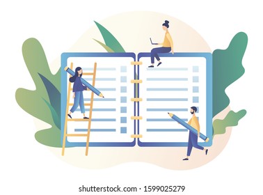 To Do List consept. Tiny people planning year, month, week. Notes, diary, planer, checklist, organizers and notebook pages. Modern flat cartoon style. Vector illustration on white background