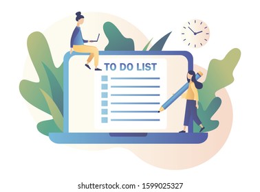 To Do List Consept. Tiny People Planning Year, Month, Week. Notes Online, Diary, Checklist, Organizers And Notebook Pages. Modern Flat Cartoon Style. Vector Illustration On White Background