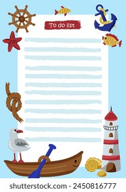 To Do List with cute boat, lighthouse, steering wheel, anchor and fish. Template for birthday and party invitation, check list and more. Vector illustration.