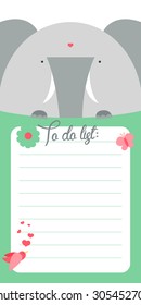 To do list with cute elephant vector. Funny hand drawn elephant illustration.