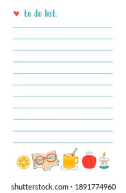 To do list with cute hand drawn illustrations on white background. Lined. Notepad sized.