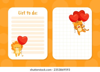 To Do List with Cute Lion and Tiger Animal Holding Heart Red Balloons Vector Template
