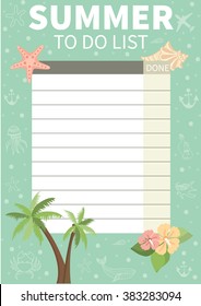 To do list. Cute page for notes. Summer. Notebooks,decals, diary, school accessories. Summer holidays. School. Homework. Cute vector design