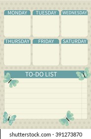 To do list. Cute page for notes with butterflies . Tenderness, softness. Notebooks,decals, diary, school accessories. Cute vector design