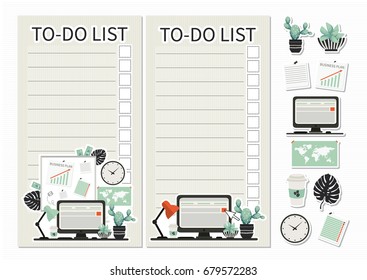  To do list. Cute pages for notes. Notebooks,cards, decals, diary, school accessories. Desktop. Workplace. Note board, coffee, cacti and computer. Business