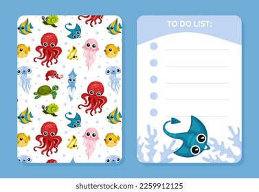 To do list with cute sea animals. Notebook, diary, stationery, organizer page, sticker with marine creatures seamless pattern cartoon vector