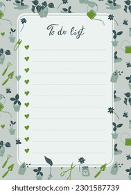 To do list decorated with home gardening elements. Scheduler and organizer for plant lover. Retro style stationery. Vector illustration.