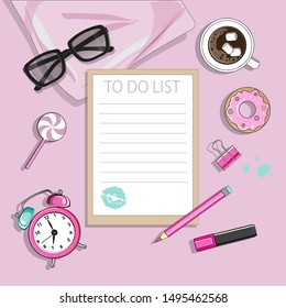 To do list and female accessories on a pink background
