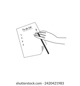 To do list and female hand holding a pencil. Modern linear style. Template for agendas, planners, checklists and other stationery. Vector design.