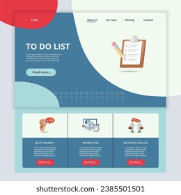 To do list flat landing page website template. Buzz market, workflow, business dialog. Web banner with header, content and footer. Vector illustration.