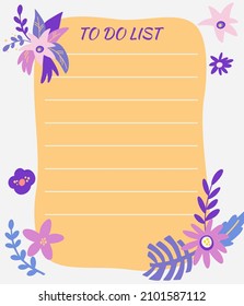 To do list with flowers. Planner with exotic flowers and plants. Template for sticker, sticky notes, planners, check lists, journal and other stationery. Vector illustration. 