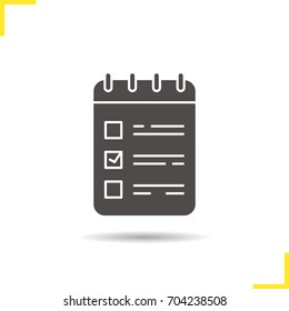 To do list glyph icon. Drop shadow notepad silhouette symbol. Spiral notebook with tick mark. Negative space. Vector isolated illustration