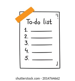 To do list. Hand drawn paper paper sheet is glued with tape. Memo list. Vector illustration isolated on white background.