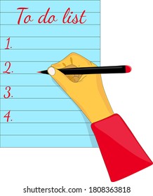 To do list. Hand holds pen to write tasks in notepad.