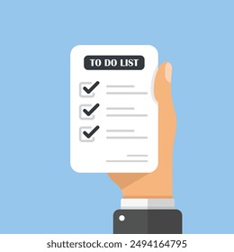 To do list in hand icon in flat style. Paper sheet with clipboard vector illustration on isolated background. Checkbox plan sign business concept.