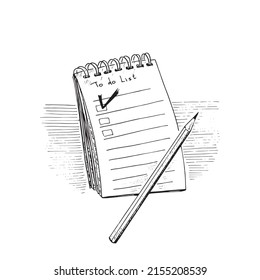 To do list. Hand-drawn sketch, notebook and pencil. Vector illustration