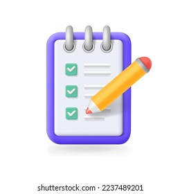 To do list icon with check mark . Document checklist cartoon. Notepad with pencil, efficient work on project plan . 3d vector isolated