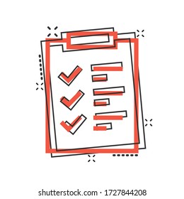 To do list icon in comic style. Document checklist cartoon vector illustration on white isolated background. Notepad check mark splash effect business concept.