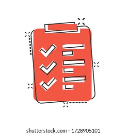 To do list icon in comic style. Document checklist cartoon vector illustration on white isolated background. Notepad check mark splash effect business concept.
