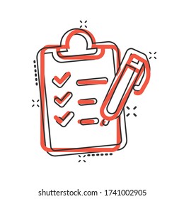 To do list icon in comic style. Document checklist cartoon vector illustration on white isolated background. Notepad check mark splash effect business concept.