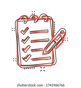To do list icon in comic style. Document checklist cartoon vector illustration on white isolated background. Notepad check mark splash effect business concept.