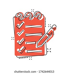 To do list icon in comic style. Document checklist cartoon vector illustration on white isolated background. Notepad check mark splash effect business concept.