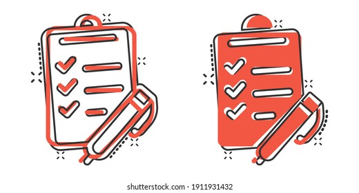 To do list icon in comic style. Document checklist cartoon vector illustration on white isolated background. Notepad check mark splash effect business concept.