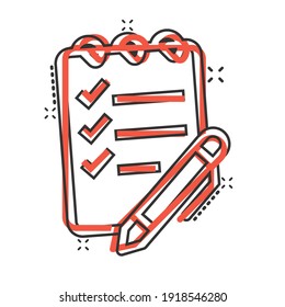 To do list icon in comic style. Document checklist cartoon vector illustration on white isolated background. Notepad check mark splash effect business concept.