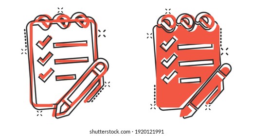 To do list icon in comic style. Document checklist cartoon vector illustration on white isolated background. Notepad check mark splash effect business concept.