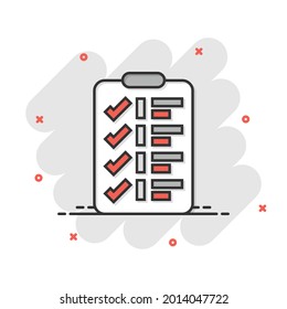 To do list icon in comic style. Document checklist cartoon vector illustration on white isolated background. Notepad check mark splash effect business concept.