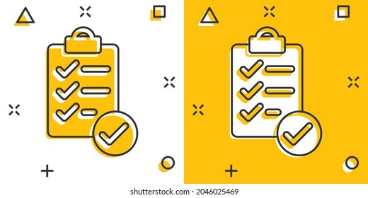To do list icon in comic style. Document checklist cartoon vector illustration on white isolated background. Notepad check mark splash effect business concept.