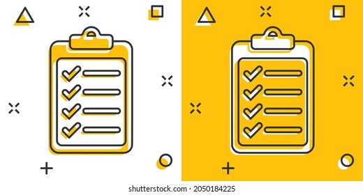 To do list icon in comic style. Document checklist cartoon vector illustration on white isolated background. Notepad check mark splash effect business concept.