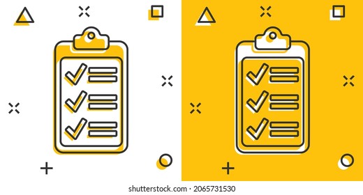 To do list icon in comic style. Document checklist cartoon vector illustration on white isolated background. Notepad check mark splash effect business concept.