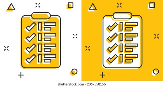 To do list icon in comic style. Document checklist cartoon vector illustration on white isolated background. Notepad check mark splash effect business concept.