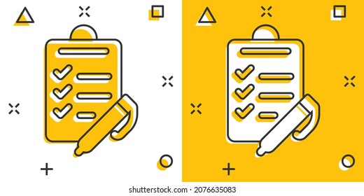 To do list icon in comic style. Document checklist cartoon vector illustration on white isolated background. Notepad check mark splash effect business concept.