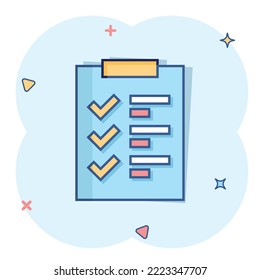 To do list icon in comic style. Document checklist cartoon vector illustration on white isolated background. Notepad check mark splash effect business concept.