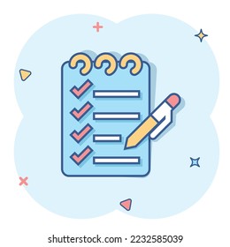 To do list icon in comic style. Document checklist cartoon vector illustration on white isolated background. Notepad check mark splash effect business concept.