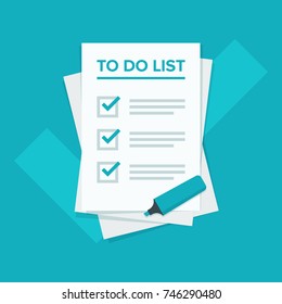 To do list icon concept. Planning sign design. All tasks are completed. Paper sheets with check mark. Vector flat illustration isolated on blue background