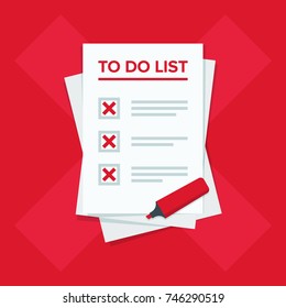 To do list icon concept. Planning sign design. All tasks are failed. Paper sheets with red cross mark. Vector flat illustration isolated on red background